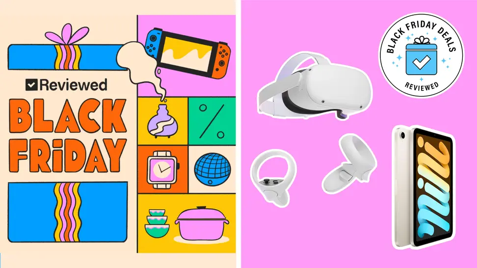 A graphic with products surrounding the words Black Friday next to two Amazon Black Friday deals on meta quest 2 and ipad.