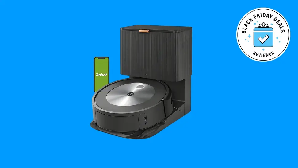 An iRobot Roomba on a blue background.
