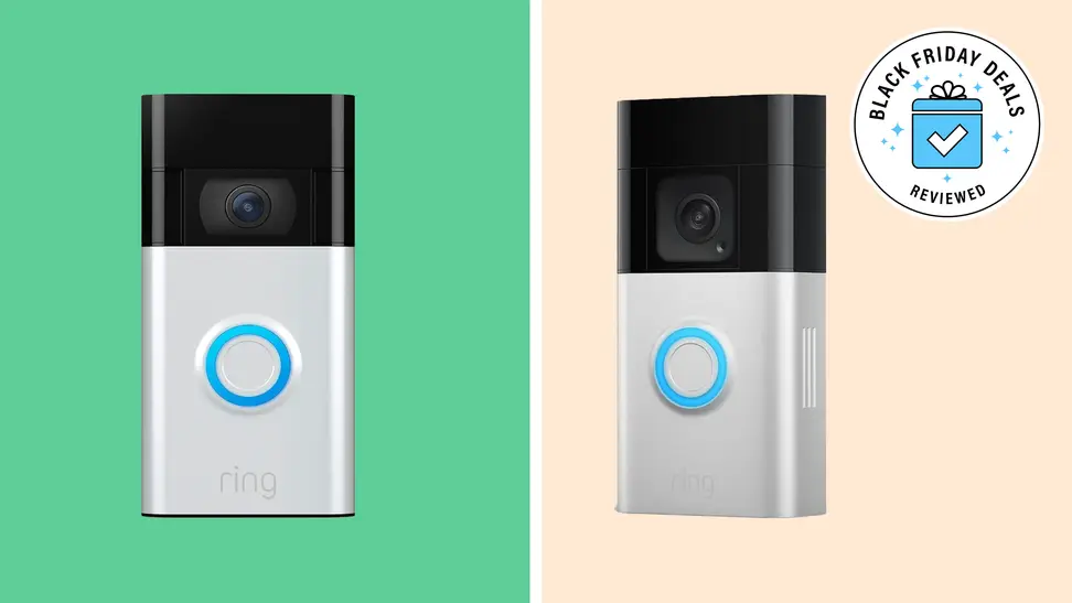 Two rectangular doorbells sit on a colorblock background