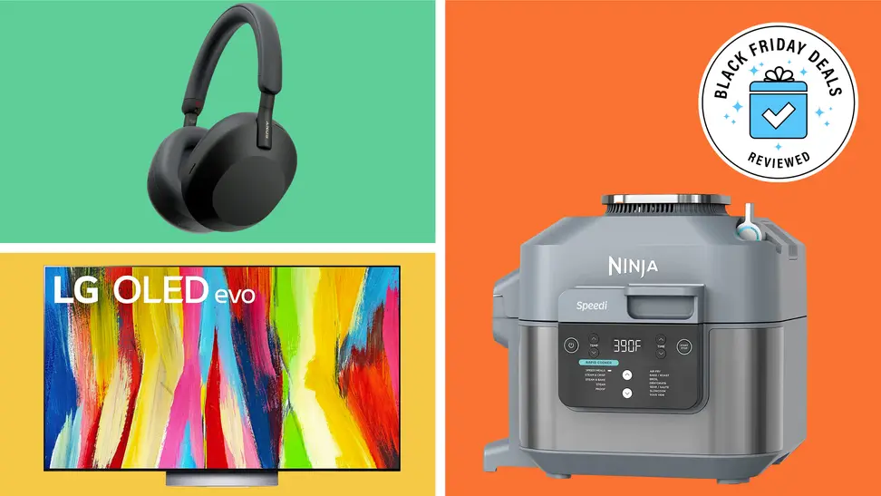 A colorful collage with a TV, air fryer, and a pair of headphones from Walmart.