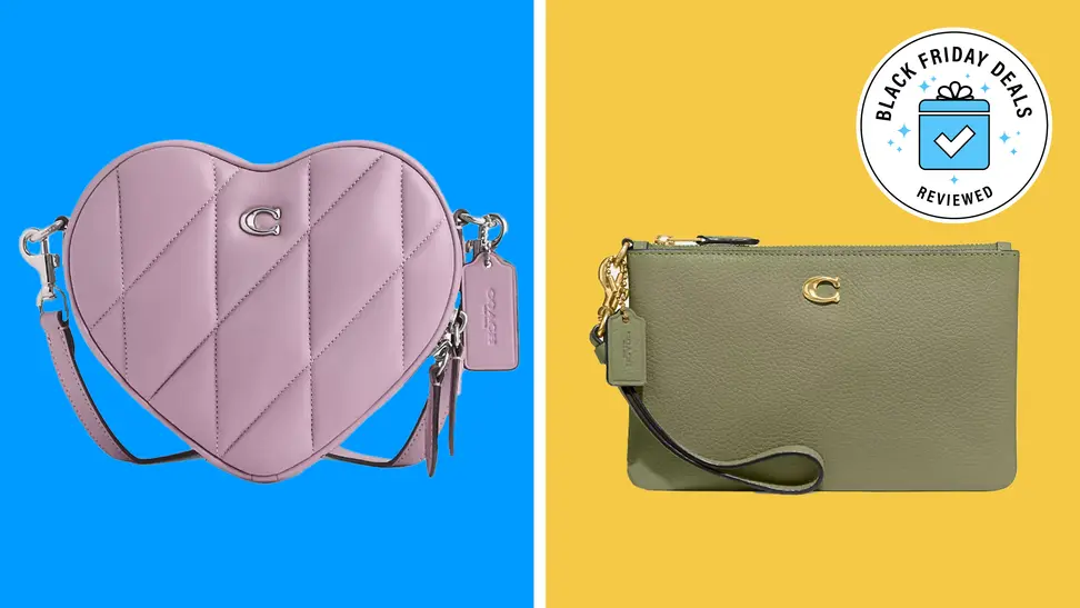 A coach purse and wallet on a blue and yellow background.