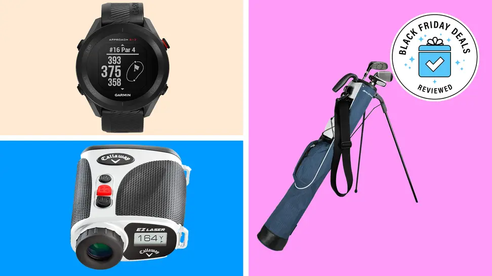 A Garmin watch, a Callaway rangefinder, and an Olimar bag on a colorful background.