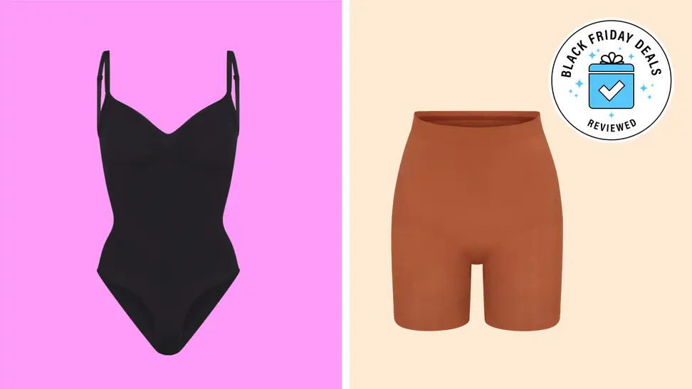 A bodysuit and pair of shorts on a pink and beige background.