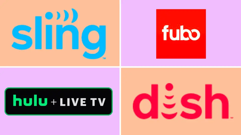 An image of the Sling, Hulu + LiveTV, Dish, and FuboTV logos.