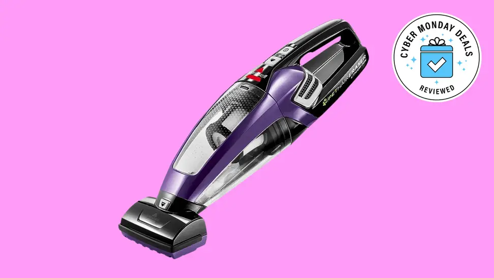 An image of a purple handheld Bissell Vacuum.
