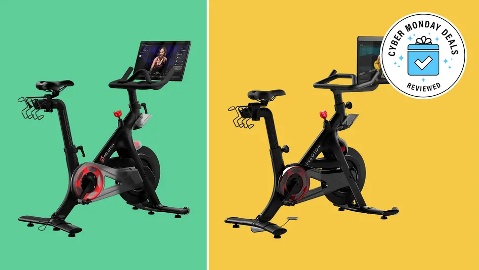 The Peleton bike and Peleton Bike+ against a green and yellow colorblocked background.