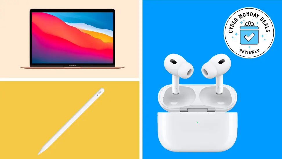 A collage of discounted Apple products with a Cyber Monday badge in the corner.