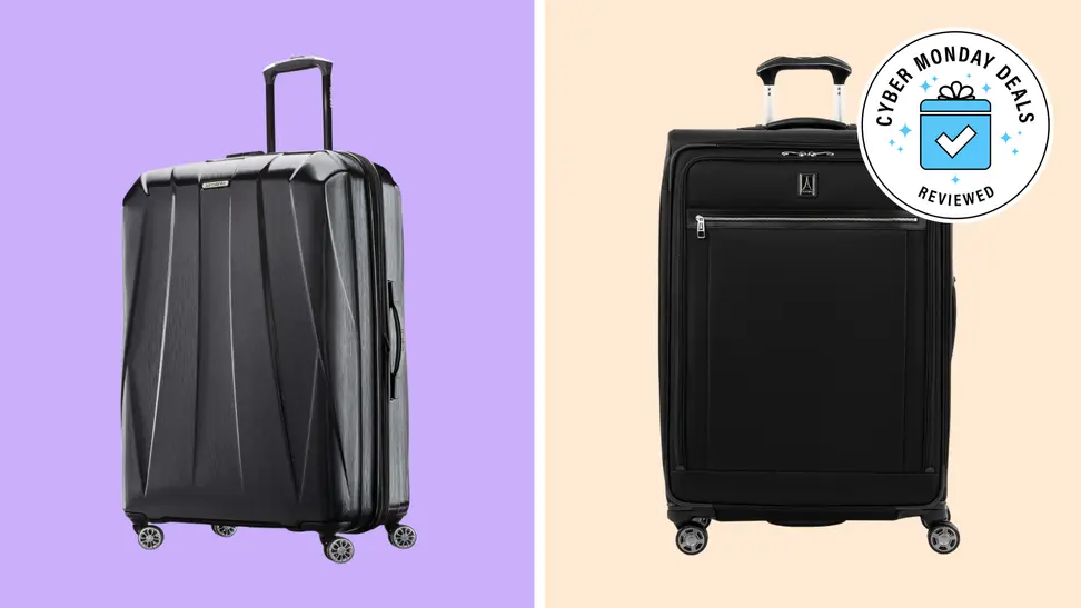 Luggage on a purple and beige background.