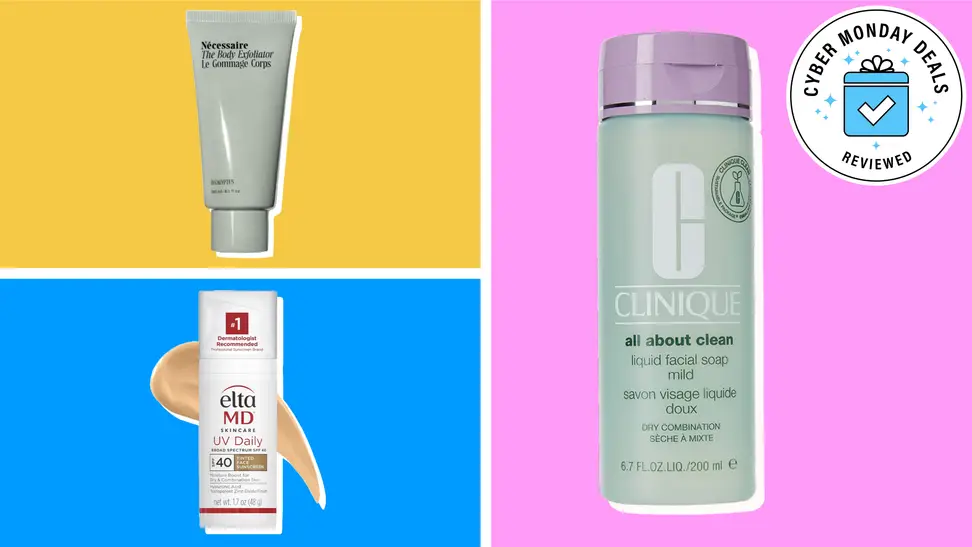 Collage of three skincare products from Nécessaire, EltaMD, Clinique