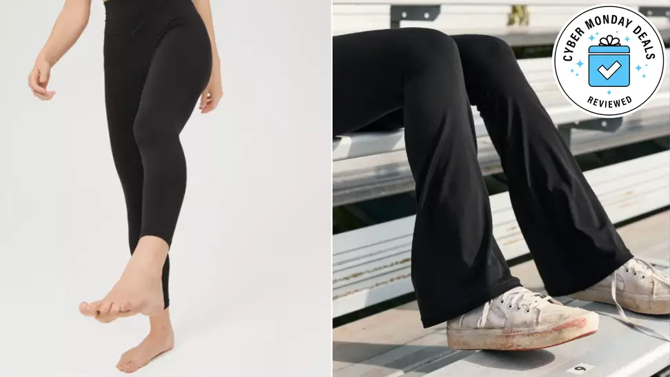Two pairs of black Aerie leggings in a collage.