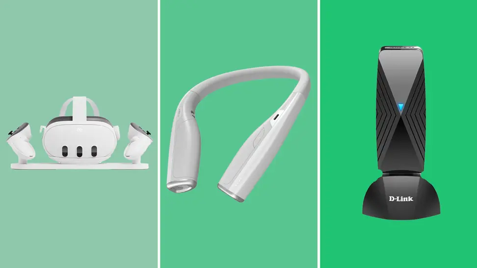 A photo collage of a Meta Quest 3 Charging Dock, the ZyberVR Quick-Charge Neck Power Bank and the D-Link VR Air Bridge.