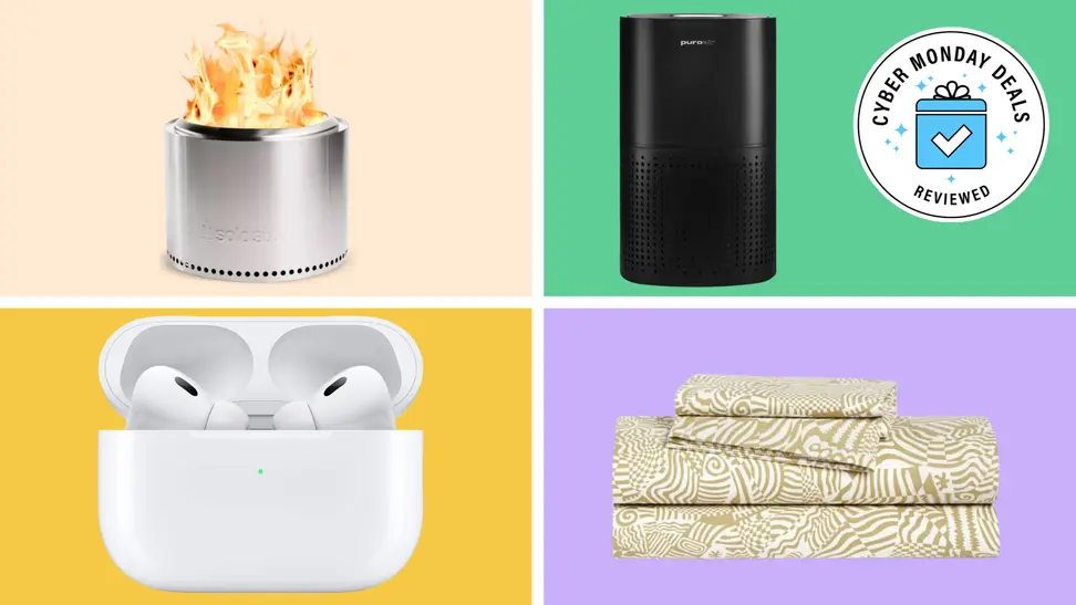 Four products with the Cyber Monday Deals Reviewed badge in front of colored backgrounds.