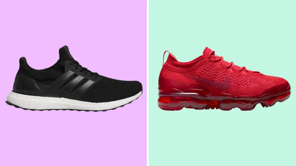 Adidas and Nike shoes on a colorful background.