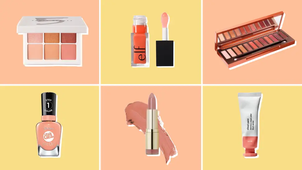 Collage of six peach fuzz-colored beauty products