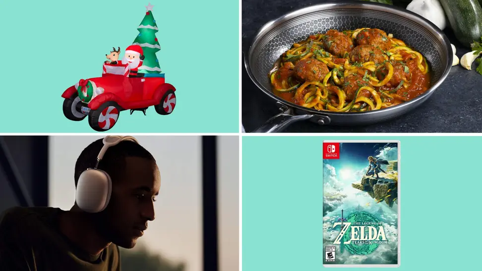 A collage of discounted items with headphones, video games, Christmas decorations, and more.