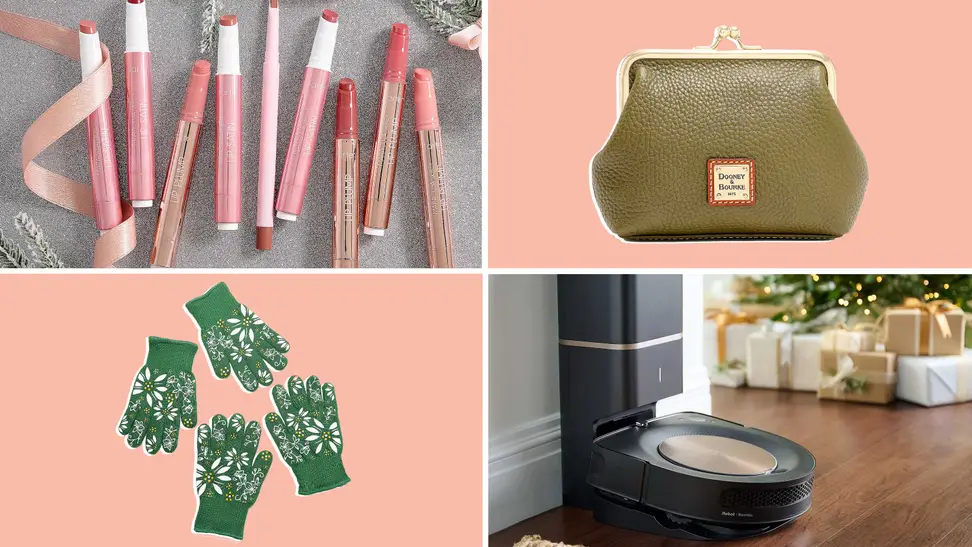 Tarte lip gloss, Dooney & Bourkey bag, green gloves, iRobot vacuum