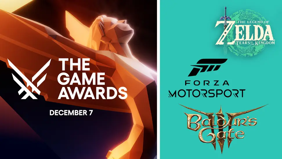 A split image of the game awards logo on the left side and winners on the right