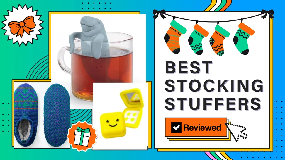 A selection of our best stocking stuffers, including Bombas slippers, Genuine Fred manatee tea infuser, and Starface pimple patches against a holiday background.