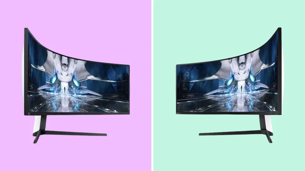 Two Samsung Odyssey Neo G9 curved gaming monitors facing each other in front of colored backgrounds.
