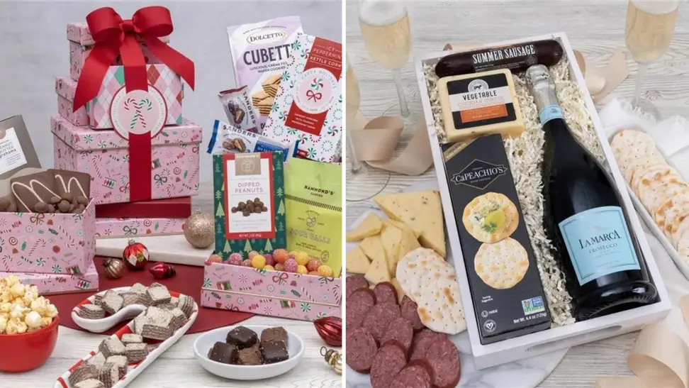 Two gift baskets from GourmetGiftBaskets.com next to each other.