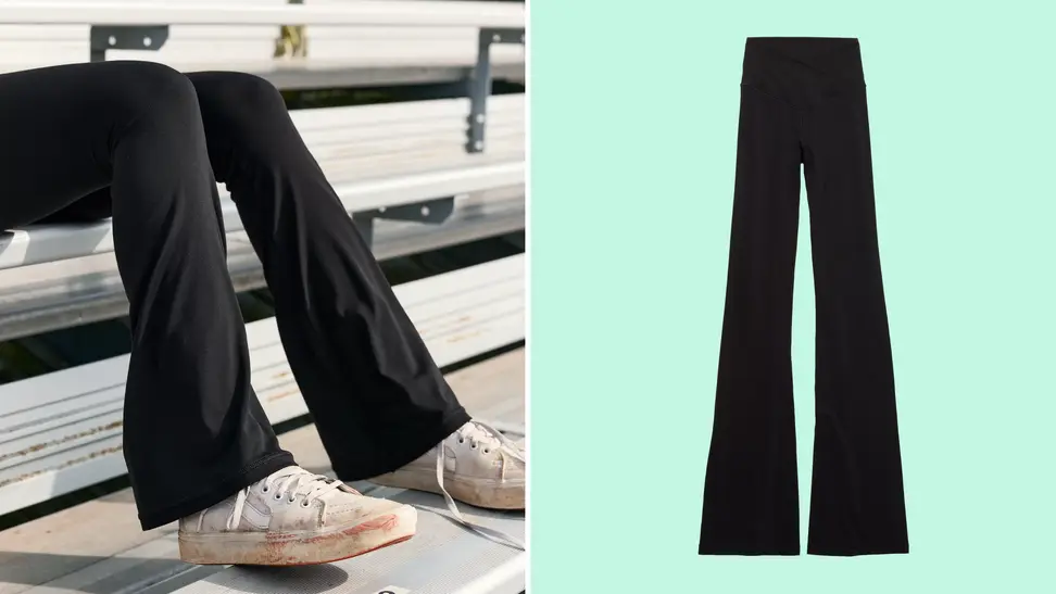 A collage with Aerie leggings on a green and bleacher background.