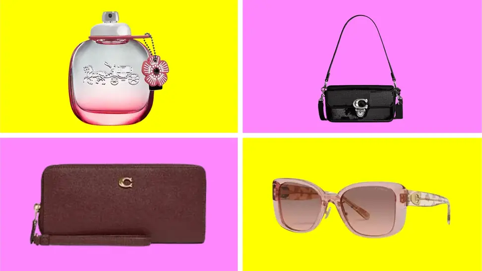 A collection of Coach accessories in front of colored backgrounds.