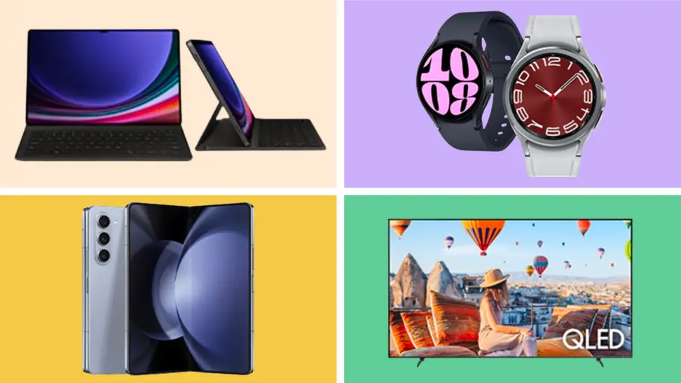 A collection of Samsung devices in front of colored backgrounds.