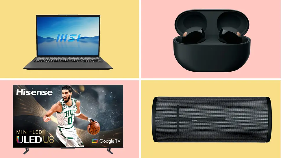 Four tech products in front of colored backgrounds.
