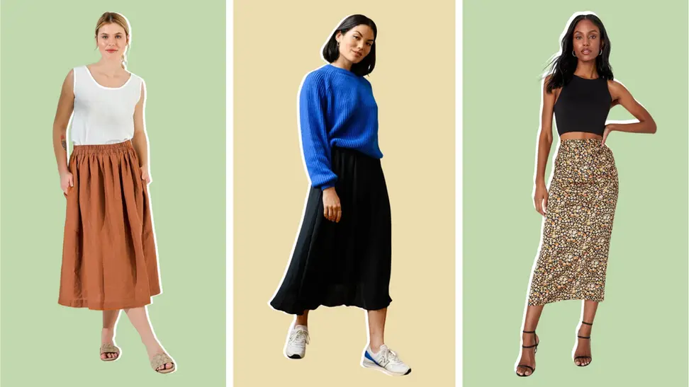 A model wearing an orange midi skirt, another model wearing a black midi skirt, and another wearing a floral midi skirt.