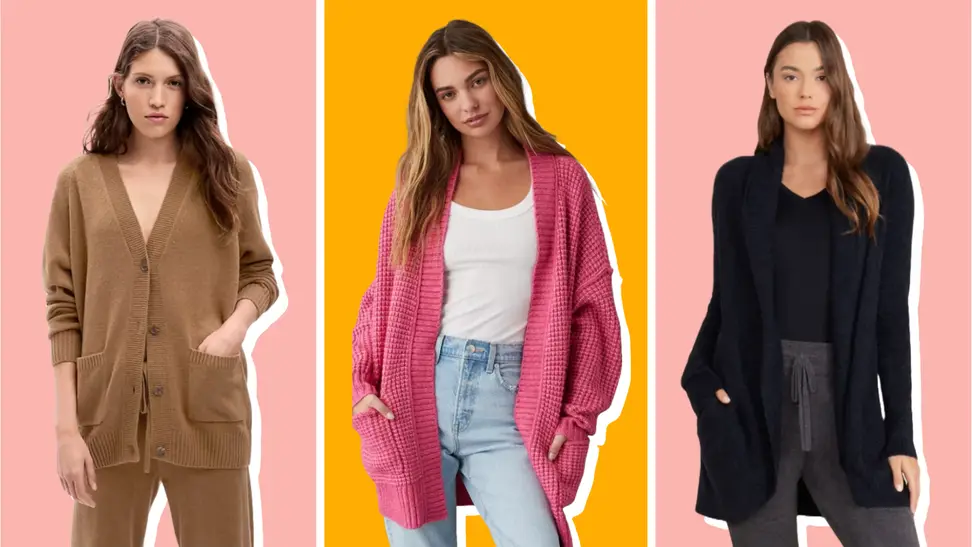Collage of three women wearing cardigans.