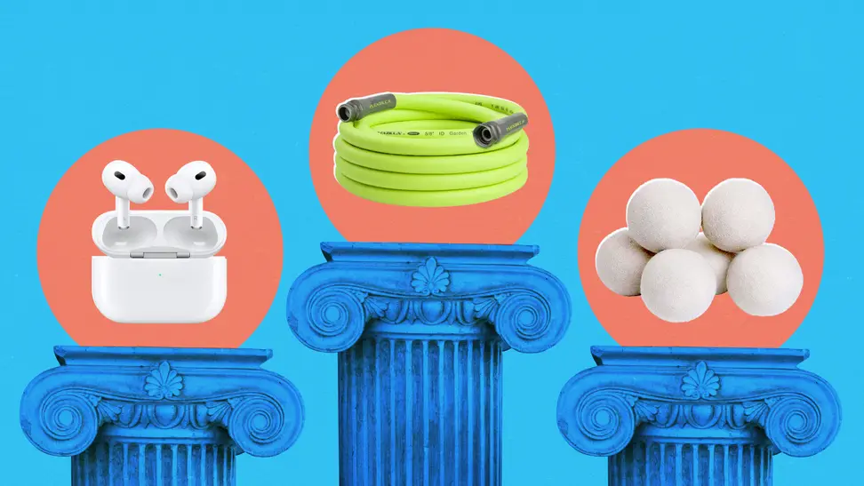 AirPods, a Flexilla garden hose, and Budieggs dryer balls appear on pedestals in a photo with a blue and orange background.
