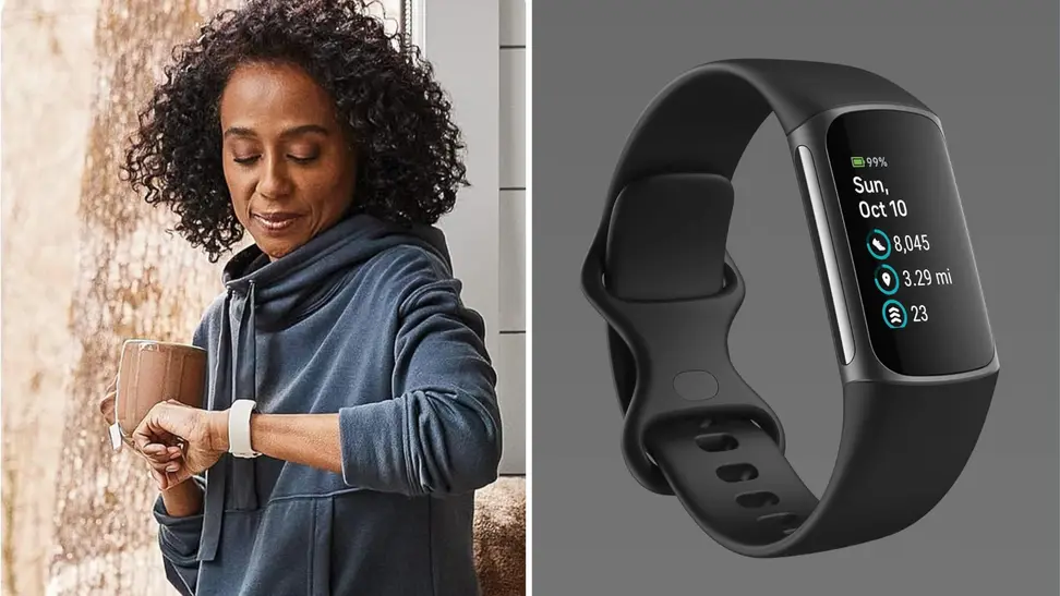 A woman wearing a Fitbit Charge 5 next to the Fitbit Charge 5 in front of a gray background.