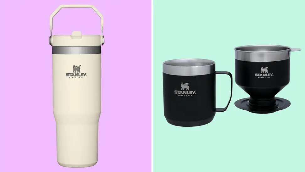 A colorful collage with Stanley products featuring a tumbler and a pour-over filter set.