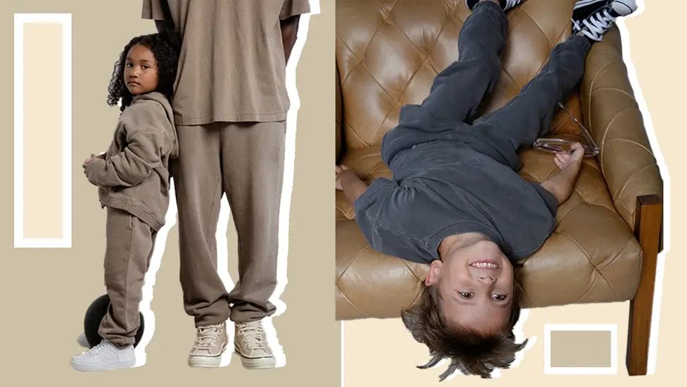 At left, a serious-faced kid wearing a beige hoodie and beige sweatpants leans against a similarly clad pair of adult legs; at right, a smiling kid wearing a grey crewneck sweatshirt and matching pants hangs backwards off a chair.