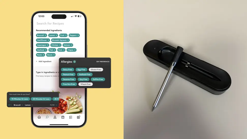 Side-by-side shots of a smartphone displaying the Yummly app and the Yummly Smart Meat Thermometer.