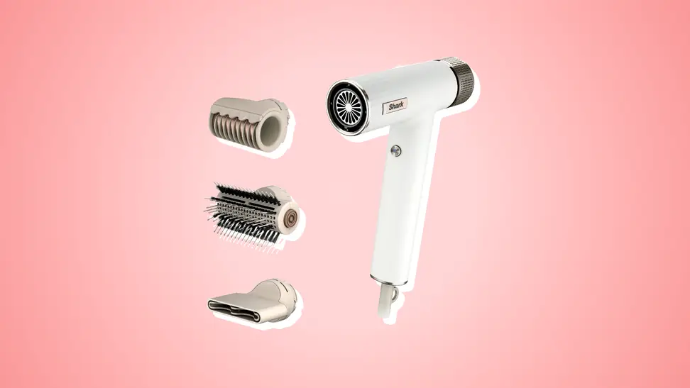 Collage of the Shark SpeedStyle hair dryer and its attachments against a pink background.