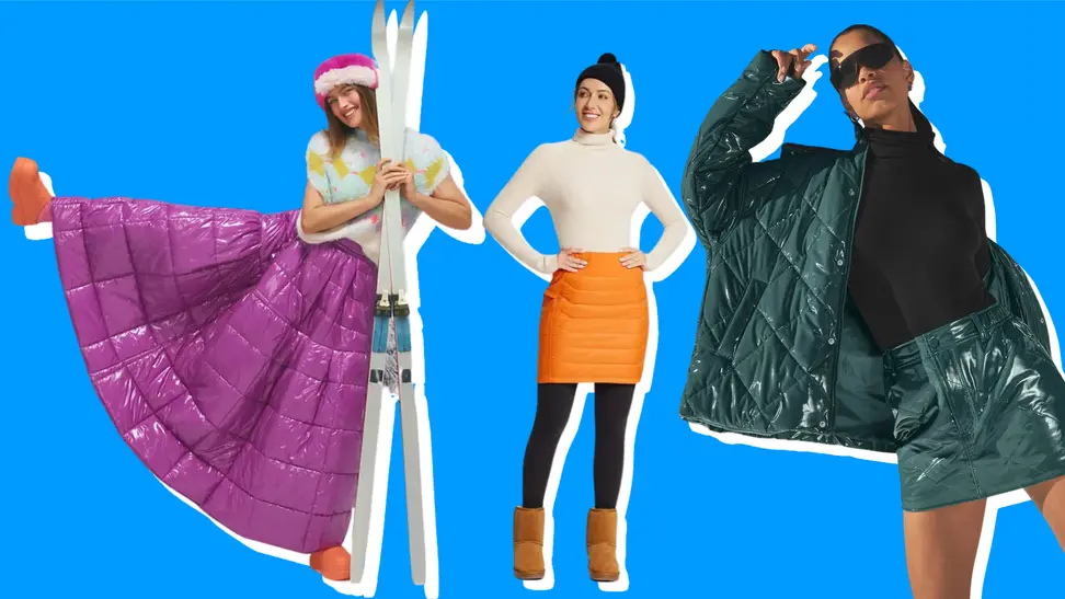 Three women in puffer skirts on a deep blue background. One is in a very long fuchsia skirt holding skis, the other is in a short and sporty orange one, the third is wearing a micro-mini in green with a matching jacket and black sunglasses.