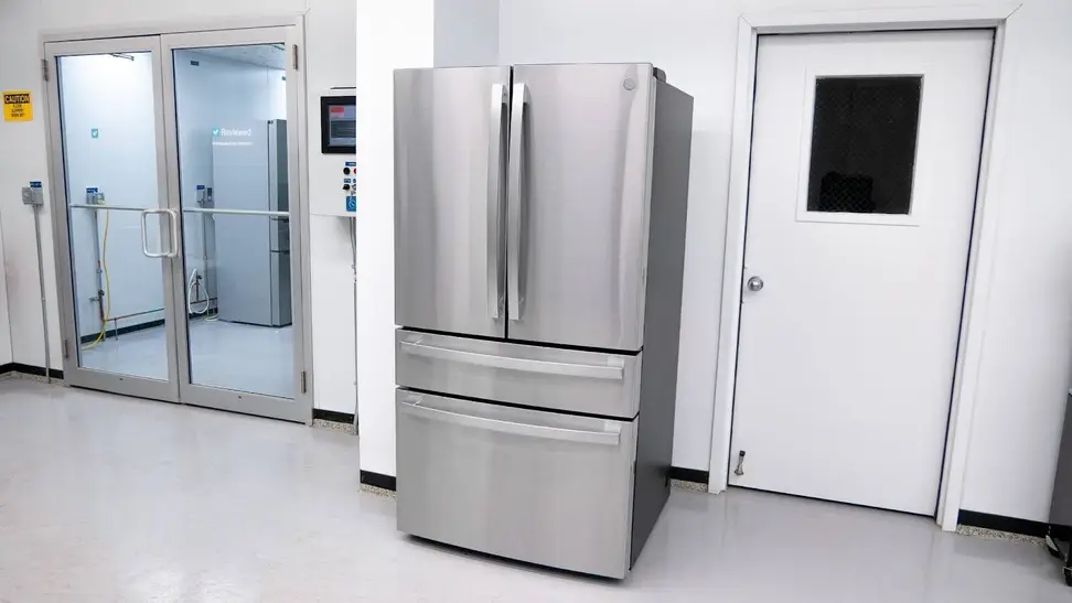 The GE Profile PGE29BYTBFS Smart Refrigerator set up outside our refrigerator testing labs.