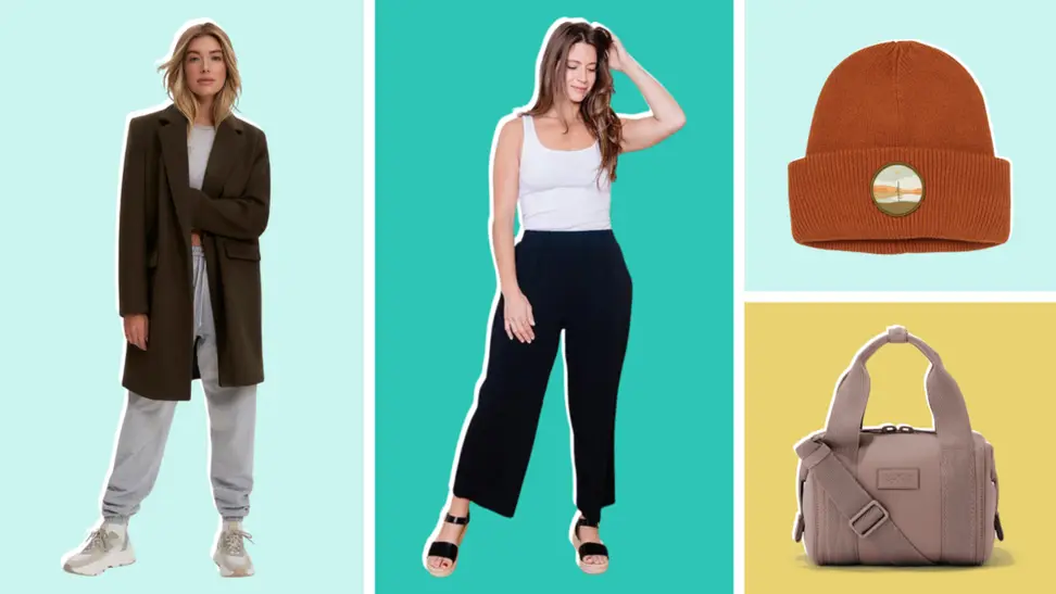 A collage featuring a model wearing an olive green wool coat, a model wearing black pants with a white tank top, a brown beanie hat, and a rose-colored neoprene duffel bag.