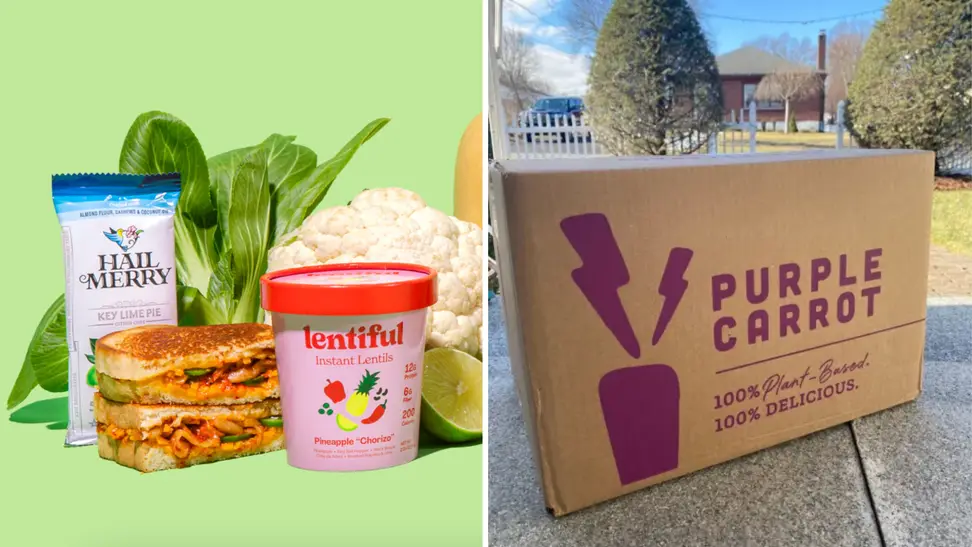 A collage with vegan products and a Purple Carrot meal kit box.