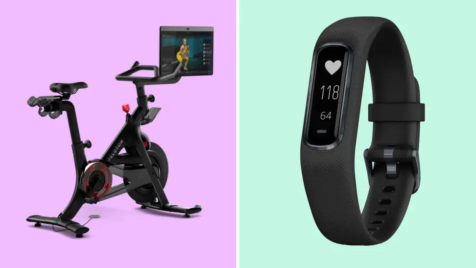 A colorful collage with a stationary bike and a fitness watch.