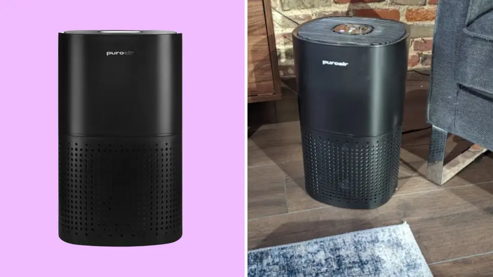 A PuroAir 240 air purifier in front of a colored background next to a PuroAir 240 air purifier in a room.