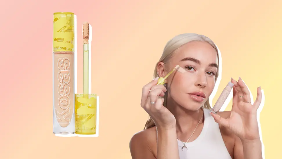 Kosas concealer and portrait of a woman applying concealer against a red, orange, and yellow background.
