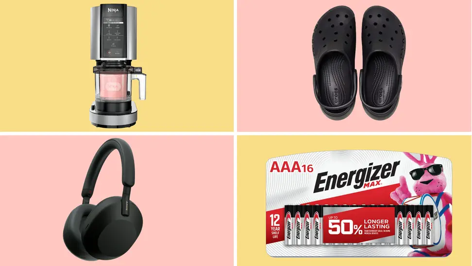 A colorful collage with headphones, batteries, and more.