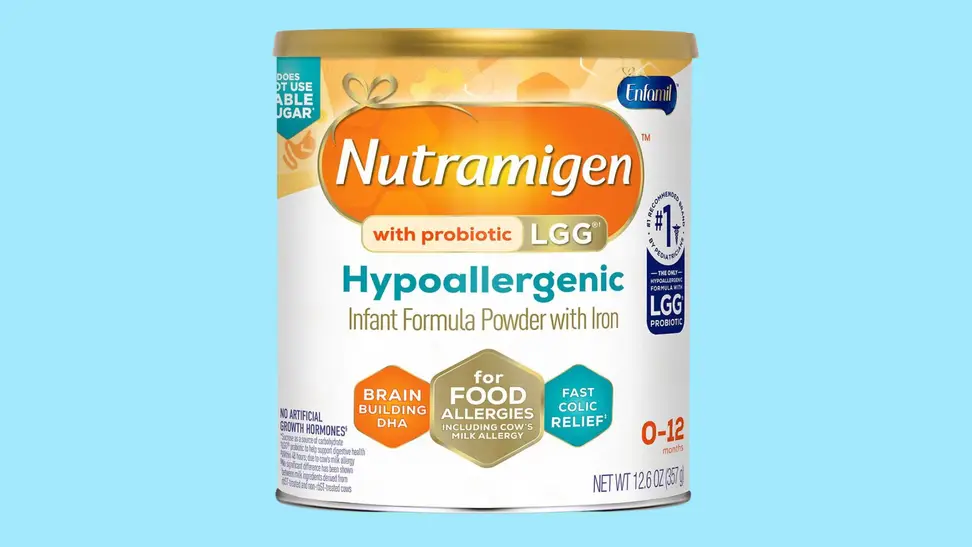 A can of the Enfamil Nutramigen that's up for recall is shown on a blue background.