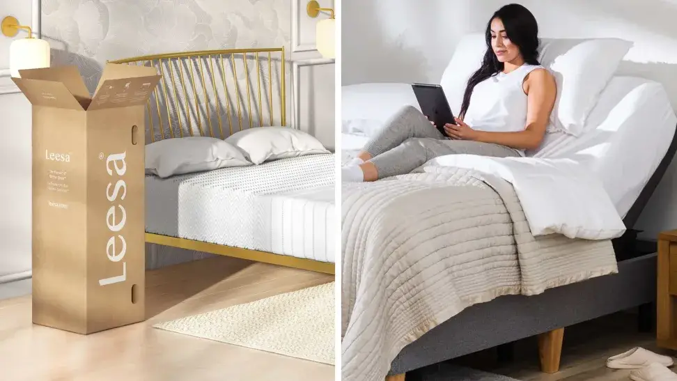 A collage with a Leesa mattress box and a model lying on a Leesa mattress.
