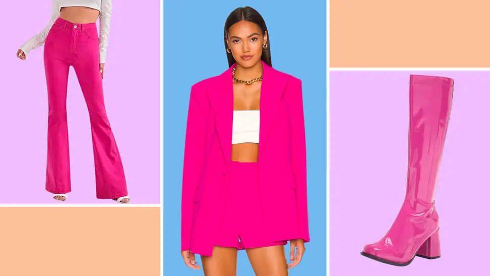 Pink pants, a pink blazer, and pink knee-high boots.