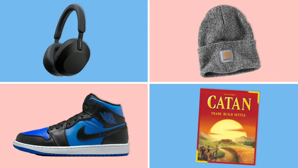 A selection of the best gifts for boyfriends including Sony headphones, Carhartt beanie, Nike Air Jordans, and Catan on blue and pink background.