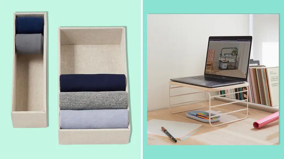 A selection of the best home organization products including Marie Kondo Linen Hikidashi Drawer and Open Spaces shelf risers on teal and light green background.