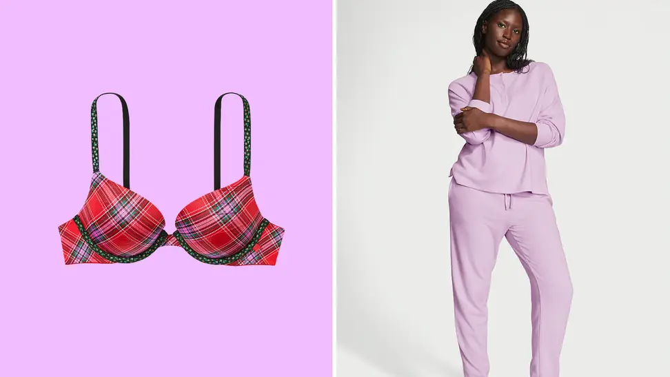 A colorful collage with a Victoria's Secret bra and a model with a pink jogger set.